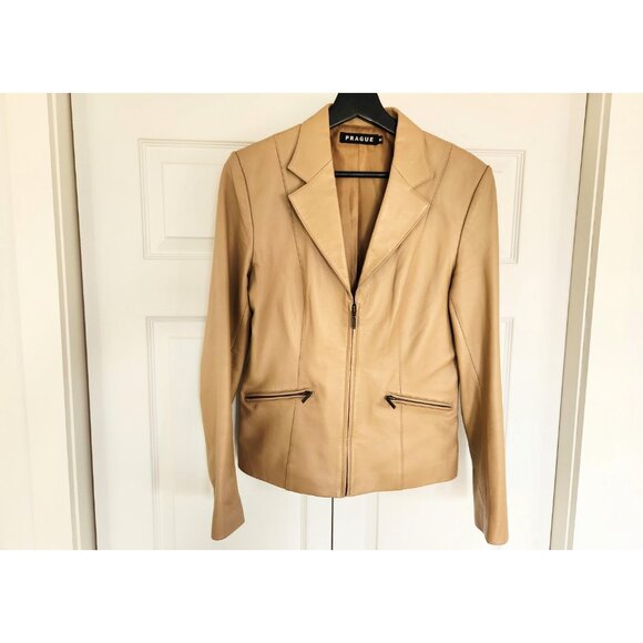Prague Tan Leather Jacket, Size M, Zip up, Zipper Pockets, Lightweight Spring - Picture 3 of 7